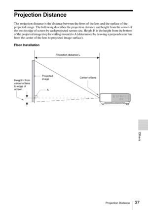 Page 3737Projection Distance
Others
Projection Distance
The projection distance is the distance between the front of the lens and the surface of the 
projected image. The following describes the projection distance and height from the center of 
the lens to edge of screen by each projected screen size. Height H is the height from the bottom 
of the projected image (top for ceiling mount) to A (determined by drawing a perpendicular line 
from the center of the lens to projected image surface).
Floor...