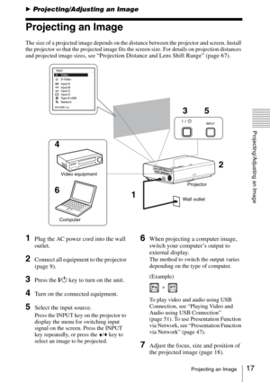 Page 1717Projecting an Image
Projecting/Adjusting an Image
BProjecting/Adjusting an Image
Projecting an Image
The size of a projected image depends on the distance between the projector and screen. Install 
the projector so that the projected image fits the screen size. For details on projection distances 
and projected image sizes, see 
“Projection Distance and Lens Shift Range” (page 67).
1Plug the AC power cord into the wall 
outlet.
2Connect all equipment to the projector 
(page 9).
3Press the ?/1 key to...