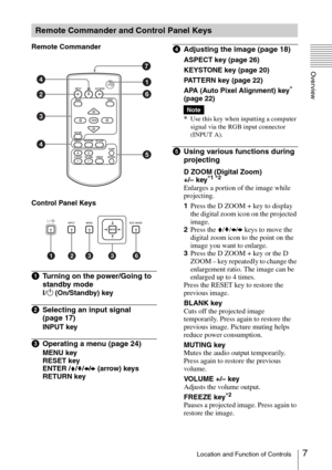 Page 77Location and Function of Controls
Overview
Remote Commander
Control Panel Keys
aTurning on the power/Going to 
standby mode
?/1 (On/Standby) key
bSelecting an input signal 
(page 17)
INPUT key
cOperating a menu (page 24)
MENU key
RESET key
ENTER /V/v/B/b (arrow) keys
RETURN key
dAdjusting the image (page 18)
ASPECT key (page 26)
KEYSTONE key (page 20)
PATTERN key (page 22)
APA (Auto Pixel Alignment) key
* 
(page 22)
*
Use this key when inputting a computer 
signal via the RGB input connector 
(INPUT...