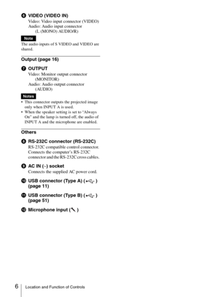 Page 66Location and Function of Controls
fVIDEO (VIDEO IN)
Video: Video input connector (VIDEO)
Audio: Audio input connector 
(L (MONO) AUDIO/R)
The audio inputs of S VIDEO and VIDEO are 
shared.
Output (page 16)
gOUTPUT
Video: Monitor output connector 
(MONITOR)
Audio: Audio output connector 
(AUDIO)
 This connector outputs the projected image 
only when INPUT A is used. 
 When the speaker setting is set to “Always 
On” and the lamp is turned off, the audio of 
INPUT A and the microphone are enabled.
Others...