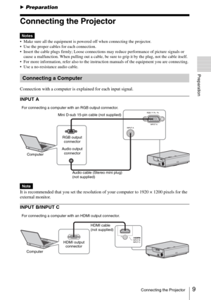 Page 99Connecting the Projector
Preparation
BPreparation
Connecting the Projector
 Make sure all the equipment is powered off when connecting the projector.
 Use the proper cables for each connection.
 Insert the cable plugs firmly; Loose connections may reduce performance of picture signals or 
cause a malfunction. When pulling out a cable, be sure to grip it by the plug, not the cable itself.
 For more information, refer also to the instruction manuals of the equipment you are connecting.
 Use a...