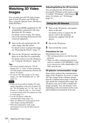 Page 1414Watching 3D Video Images
Watching 3D Video 
Images
You can enjoy powerful 3D video images, 
such as from 3D games and 3D Blu-ray 
Discs, using the optional Active 3D Glasses 
(TDG-BT500A).
1Turn on the HDMI equipment for 3D 
compatibility connected to the unit, 
then play the 3D content.
For details on how to play 3D content, 
refer to the operating instructions for the 
connected equipment.
2Turn on the unit and project the 3D 
video image onto the screen.
For details on how to project the image, 
see...