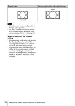 Page 1818Selecting the Aspect Ratio According to the Video Signal
 Selectable aspect modes vary depending on 
the input signal (page 57).
 The aspect cannot be selected for an input 
signal from a computer, or an input signal 
with a resolution of 4096 × 2160 (page 52).
Notes on switching the “Aspect” 
setting
 Select the aspect mode taking into account 
that changing the aspect ratio of the 
original picture will provide a different 
look from that of the original image.
 Note that if the unit is used for...