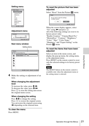 Page 2121Operation through the Menus
Using the Menus
Setting menu
Adjustment menu
Next menu window
4Make the setting or adjustment of an 
item.
When changing the adjustment 
level
To increase the value, press M/,.
To decrease the value, press m/