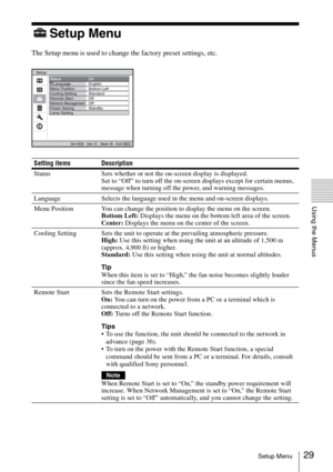 Page 2929Setup Menu
Using the Menus
Setup Menu
The Setup menu is used to change the factory preset settings, etc.
Setting items Description
Status Sets whether or not the on-screen display is displayed.
Set to “Off” to turn off the on-screen displays except for certain menus, 
message when turning off the power, and warning messages.
Language Selects the language used in the menu and on-screen displays.
Menu Position You can change the position to display the menu on the screen.
Bottom Left: Displays the menu...