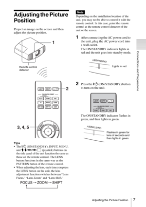 Page 77Adjusting the Picture Position
Connections and Preparations
Adjusting the Picture 
Position
Project an image on the screen and then 
adjust the picture position.
Tips
 The ?/1 (ON/STANDBY), INPUT, MENU, 
and M/m/