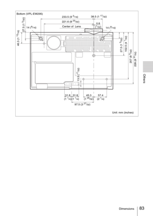 Page 8383Dimensions
Others
Bottom (VPL-EW295)
Unit: mm (inches) 233.5 (9 3/16)38.5 (1 17/32)
228 (8 
31/32) 207 (8 5/32) 102.5 (4 
1/32)27.5 (1 
3/32)
31.8 
(1 1/4)
97.5 (3 
27/32) 14 (
9/16)
27.5 (1 
3/32)
31.8 
(1 1/4)57.4 
(2 1/4) 45.3 
(1 25/32)
13.5 (
17/32)
Center of  Lens
14 (9/16)
46.3 (1 
13/16)
221.6 (8 23/32)
0.8 
(
1/32) 