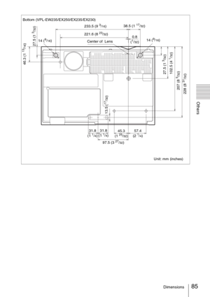 Page 8585Dimensions
Others
Bottom (VPL-EW235/EX250/EX235/EX230)
Unit: mm (inches) 233.5 (9 3/16)38.5 (1 17/32)
97.5 (3 
27/32)0.8 
(
1/32) 14 (9/16)
13.5 (
17/32)
31.8 
(1 1/4) 31.8
(1 1/4)57.4
(2 1/4) 45.3
(1 25/32)14 (
9/16)
Center of  Lens
228 (8 
31/32) 207 (8 5/32) 102.5 (4 
1/32)27.5 (1 
3/32)
27.5 (1 
3/32) 46.3 (1 13/16)
221.6 (8 23/32) 