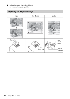 Page 1616Projecting an Image
7Adjust the focus, size and position of 
the projected image (page 16).
Adjusting the Projected image
Focus Size (Zoom) Position
Focus ring
Zoom ring
Foot 
adjust 
button
Front feet 
(adjustable) 