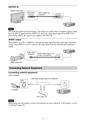 Page 1313
OUTPUT B
This terminal outputs projected images. The images are output when a computer signal is input 
from the DVI-D input terminal (INPUT B). However, if the signal input from INPUT B is 
protected by HDCP, the signal is not output to OUTPUT B.
AU D I O ou tpu t
When INPUT A or B, or VIDEO is selected, the audio input from the audio input terminal is 
output; when INPUT C or D is selected, the audio input from the selected input terminal is 
output.
Connecting network equipment
LAN terminal
When...