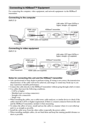 Page 1414
For connecting the computer, video equipment, and network equipment via the HDBaseT 
transmitter.
Connecting to the computer
INPUT D
Connecting to video equipment
INPUT D
Notes for connecting this unit and the HDBaseT transmitter
 Ask a professional or Sony dealer to perform wiring. If wiring is not correct, the transmission 
characteristics of the cable will not be achieved, and image or sound may break up or you 
may experience unstable performance.
 Connect the cable directly to the HDBaseT...