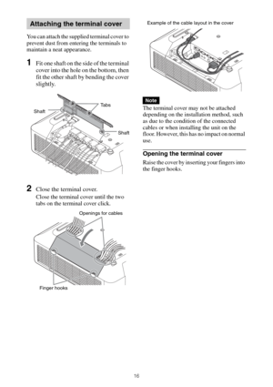 Page 1616
You can attach the supplied terminal cover to 
prevent dust from entering the terminals to 
maintain a neat appearance.
1Fit one shaft on the side of the terminal 
cover into the hole on the bottom, then 
fit the other shaft by bending the cover 
slightly.
2Close the terminal cover.
Close the terminal cover until the two 
tabs on the terminal cover click.The terminal cover may not be attached 
depending on the installation method, such 
as due to the condition of the connected 
cables or when...