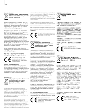 Page 106
Svenska (Swedish)Avfall som utgörs av eller innehåller elektriska eller elektroniska produkter 
(WEEE) – Miljöskydd
Elektriska och elektroniska produkter, delar och  batterier försedda med den här symbolen får inte 
slängas med vanligt hushållsavfall. Alla elektriska  och elektroniska produkter, delar och batterier måste samlas in och slängas separat. 
Genom att kassera elektriska och elektroniska  produkter och batterier via de insamlingssystem 
som finns i ditt land skyddar du miljön,  människors...