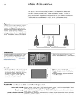 Page 96
Poznámka – viac informácií sa nachádza na stránkach: www.bang-olufsen.com 
Sieťový kábel a zástrčkaŠetrenie energie 
Zásuvky na pripojovacom paneli
 Priložená zástrčka a sieťový kábel sú zvlášť navrhnuté pre tento produkt. Zástrčku nevymieňajte a ak sa sieťový 
kábel poškodí, musíte kúpiť nový od svojho predajcu Bang & Olufsen.
Ak sa POWER SAVING nastaví na OFF v ponuke STANDBY SET TINGS, pohotovostný indikátor zostane červený,  keď sa televízny prijímač vypne. 
Zásuvkové panely na zadnej stene...