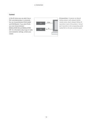 Page 13STB
STBPLUG
IR
13
In the AV menus you can select how a PUC controlled product is connected. 
You can choose between PLUG (cable)  and IR (IR Blaster). If you select PLUG, you must choose between 
MODUL ATION ON and MODUL ATION 
OFF. For information about type of cable  and modulation settings, contact your retailer.  IR-transmitters: To operate non-Bang & 
Olufsen products with a Bang & Olufsen  remote control, attach a Bang & Olufsen IR-
transmitter to each of the products. Connect  each transmitter to...