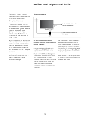 Page 70MASTER 
LINK
LINK TV  
OUT 
ANALOGUE
RF Link 
Amplifier
70
The BeoLink system makes it 
possible to distribute picture and/or sound to other rooms 
throughout the house. 
For example, you can connect 
your television in the living room 
to another video system or set of  speakers in another room, 
thereby making it possible to 
‘move’ the picture or sound to  other rooms. 
If you have a BeoLink distribution 
system installed, you can either  use your television in the main  room, such as a living room,...