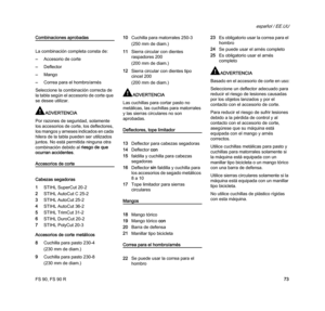 Page 75FS 90, FS 90 R
español / EE.UU
73
Combinaciones aprobadas
La combinación completa consta de:
–Accesorio de corte
–Deflector
–Mango
–Correa para el hombro/arnés
Seleccione la combinación correcta de 
la tabla según el accesorio de corte que 
se desee utilizar.
ADVERTENCIA
Por razones de seguridad, solamente 
los accesorios de corte, los deflectores, 
los mangos y arneses indicados en cada 
hilera de la tabla pueden ser utilizados 
juntos. No está permitida ninguna otra 
combinación debido al riesgo de que...