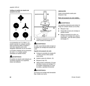 Page 84FS 90, FS 90 R
español / EE.UU
82 Verifique el sentido de rotación del 
accesorio de corte
Los accesorios con 3 ó 4 filos (1, 3) 
pueden apuntar en cualquier sentido – 
estos accesorios deben invertirse a 
intervalos regulares para evitar 
desgastar solamente uno de sus lados.
Los bordes cortantes de los accesorios 
de corte 2, 4 y 5 deben quedar 
orientados en sentido horario.
ADVERTENCIA
El sentido de rotación está indicado por 
una flecha ubicada en la superficie 
interior del deflector.NColoque el...