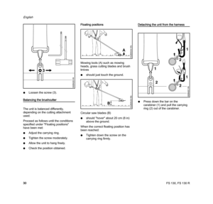 Page 32FS 130, FS 130 R
English
30 NLoosen the screw (3).
Balancing the brushcutter
The unit is balanced differently, 
depending on the cutting attachment 
used.
Proceed as follows until the conditions 
specified under "Floating positions" 
have been met:
NAdjust the carrying ring.
NTighten the screw moderately.
NAllow the unit to hang freely.
NCheck the position obtained.Floating positions
Mowing tools (A) such as mowing 
heads, grass cutting blades and brush 
knives
Nshould just touch the ground....