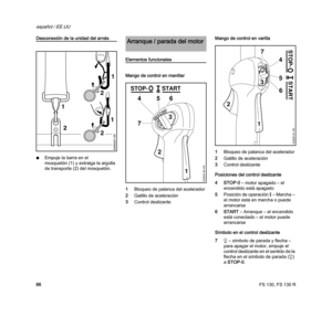 Page 88FS 130, FS 130 R
español / EE.UU
86
Desconexión de la unidad del arnés
NEmpuje la barra en el 
mosquetón (1) y extraiga la argolla 
de transporte (2) del mosquetón.
Elementos funcionales
Mango de control en manillar
1Bloqueo de palanca del acelerador
2Gatillo de aceleración
3Control deslizanteMango de control en varilla
1Bloqueo de palanca del acelerador
2Gatillo de aceleración
3Control deslizante
Posiciones del control deslizante
4STOP-0 – motor apagado – el 
encendido está apagado
5Posición de...