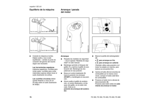 Page 7776 español / EE.UU
FS 300, FS 350, FS 400, FS 450, FS 480 :Conecte la máquina al arnés. 
Déjela suelta y vea si está 
equilibrada – cambie el punto de 
conexión del gancho del resorte 
según sea necesario:
Las herramientas segadoras 
(cabezas segadoras, cuchillas para 
cortar pasto, cuchillas para cortar 
matorrales) apenas deben tocar el 
suelo (ilustración de arriba).
Las cuchillas circulares deben 
quedar flotando a unos 20 cm 
(8 pulg) sobre el suelo (ilustración 
de abajo).
Arranque:Respete las...