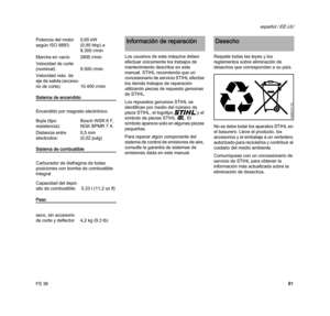 Page 83FS 38
español / EE.UU
81
Sistema de encendido
Encendido por magneto electrónico
Sistema de combustible
Carburador de diafragma de todas 
posiciones con bomba de combustible 
integral
PesoLos usuarios de esta máquina deben 
efectuar únicamente los trabajos de 
mantenimiento descritos en este 
manual. STIHL recomienda que un 
concesionario de servicio STIHL efectúe 
los demás trabajos de reparación 
utilizando piezas de repuesto genuinas 
de STIHL.
Los repuestos genuinos STIHL se 
identifican por medio del...
