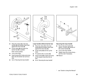 Page 26
25
FS 80, FS 80 R, FS 85, FS 85 R English / USA
: Place the clamp  (3) in the loop 
handle  (4) and position them both 
against the drive tube  (5).
: Fit the clamp  (6) and place the 
barrier bar  (2) in position.
Note correct position.
: Line up the holes.
: Insert screws  (7) in holes and screw 
them into the barrier bar as far as 
stop.
: Go to “Securing the loop handle”.
Loop handle without barrier bar
:Place the clamp  (3) in the loop 
handle  (4) and position them both 
against the drive tube...