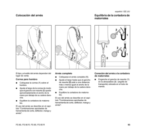 Page 94
93
FS 80, FS 80 R, FS 85, FS 85 R español / EE.UU
El tipo y el estilo del arnés dependen del 
lugar de venta.
Correa para hombro
: Colóquese la correa ( 1) sobre el 
hombro. 
: Ajuste el largo de la correa de modo 
que el gancho con resorte ( 2) quede 
aproximadamente el ancho de la 
mano por debajo de su cadera dere-
cha. 
: Equilibre la cortadora de matorra-
les.
El uso del arnés se describe en el capí-
tulo Combinaciones aprobadas de 
herramienta de corte, deflector, mango y 
arnés.
Arnés completo
:...
