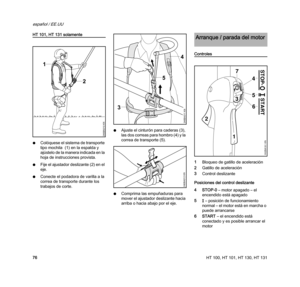Page 78HT 100, HT 101, HT 130, HT 131
español / EE.UU
76
HT 101, HT 131 solamente
NColóquese el sistema de transporte 
tipo mochila  (1) en la espalda y 
ajústelo de la manera indicada en la 
hoja de instrucciones provista.
NFije el ajustador deslizante (2) en el 
eje. 
NConecte el podadora de varilla a la 
correa de transporte durante los 
trabajos de corte.NAjuste el cinturón para caderas (3), 
las dos correas para hombro (4) y la 
correa de transporte (5).
NComprima las empuñaduras para 
mover el ajustador...