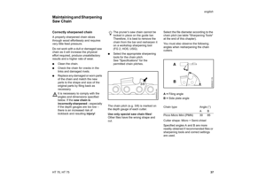 Page 3837 HT 70, HT 75english
Correctly sharpened chainA properly sharpened chain slices 
through wood effortlessly and requires 
very little feed pressure.
Do not work with a dull or damaged saw 
chain as it will increase the physical 
effort required, produce unsatisfactory 
results and a higher rate of wear.
:Clean the chain. 
:Check the chain for cracks in the 
links and damaged rivets.
:Replace any damaged or worn parts 
of the chain and match the new 
parts to the shape and size of the 
original parts by...