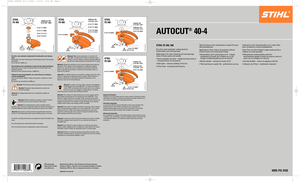 Page 1AUTOCUT
®
40-4 
STIHL FS 450, 550
Four-line, semi-automatic cutting head for
brushcutters and clearing saws
Applications: For lawn trimming and mowing large
areas of heavy grass and weeds
• Semi-automatic line feed - simply tap bump knob of
running trimmer on the ground
• Split spool - reduces welding of the line
• 4-line head - increased performanceTête faucheuse semi-automatique à quatre fils pour
débroussailleuses
Applications: Pour couper de grandes surfaces
d’herbe haute et de mauvaises herbes
•...