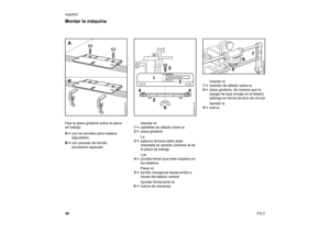 Page 1840 español
FG 2 Fijar la placa giratoria sobre la placa
de trabajo
A = con los tornillos para madera 
adjuntados
B = con prensas de tornillo
(accesorio especial)Asentar el
1 =  caballete de afilado sobre la
2 = placa giratoria
La
3 = palanca tensora debe estar 
orientada en sentido contrario al de 
la placa de trabajo
Los
4 =  pivotes tienen que estar alojados en 
los taladros
Pasar el
5 =  tornillo hexagonal desde arriba a 
través del taladro central
Apretar firmemente la
6 = tuerca de mariposaInsertar...