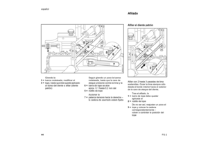 Page 2244 español
FG 2 Girando la
3 =tuerca moleteada, modificar el
4 =tope, hasta que éste quede aplicado 
al dorso del diente a afilar (diente 
patrón)Seguir girando un poco la tuerca 
moleteada, hasta que la cara de 
ataque presione contra la lima y la
6 =barra de tope se alce
aprox. 0,1 hasta 0,2 mm del
5 =rodillo de tope
Accionar la
7 =palanca tensora hacia la derecha – 
la cadena de aserrado estará fijada
Afilar el diente patrónAfilar con 2 hasta 3 pasadas de lima 
sostenidas. Guiar la lima siempre sólo...