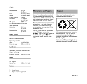 Page 26KM 130 R
English
24
Ignition System
Electronic magneto ignition
Fuel System
All position diaphragm carburetor with 
integral fuel pump
Weight
FeaturesUsers of this unit should carry out only 
the maintenance operations described 
in this manual. STIHL recommends that 
other repair work be performed only by 
authorized STIHL servicing dealers.
Warranty claims following repairs can be 
accepted only if the repair has been 
performed by an authorized STIHL 
servicing dealer using genuine STIHL 
replacement...
