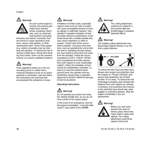 Page 12FS 55, FS 55 C, FS 55 R, FS 55 RC English
10Operating Instructions
In the event of an emergency, shut off 
the engine immediately – move the slide 
control / stop switch to 0 or STOP.To reduce the risk of eye and other injury 
always wear proper eye protection (see 
the chapter on Proper Clothing) and 
ensure that bystanders are at least 
50 feet (15 m) away. To reduce the risk 
of damage to property, also maintain this 
distance from such objects as vehicles 
or windows. Any coworkers who must be 
in...