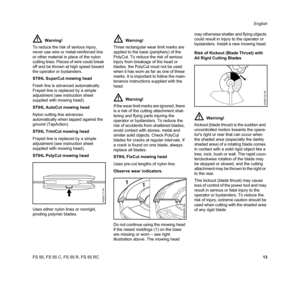 Page 15FS 55, FS 55 C, FS 55 R, FS 55 RCEnglish
13 STIHL SuperCut mowing head
Fresh line is advanced automatically. 
Frayed line is replaced by a simple 
adjustment (see instruction sheet 
supplied with mowing head).
STIHL AutoCut mowing head
Nylon cutting line advances 
automatically when tapped against the 
ground (TapAction).
STIHL TrimCut mowing head 
Frayed line is replaced by a simple 
adjustment (see instruction sheet 
supplied with mowing head).
STIHL PolyCut mowing head
Uses either nylon lines or...