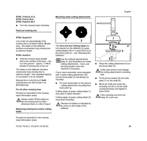 Page 25FS 55, FS 55 C, FS 55 R, FS 55 RCEnglish
23 STIHL TrimCut 31-2, 
STIHL FixCut 25-2, 
STIHL PolyCut 20-3
NTurn the mowing head clockwise
Feed out mowing line
STIHL SuperCut
Line is fed out automatically if the 
mowing line is at least2 1/2 in. (6 cm) 
long – the blade on the deflector 
shortens excessively long mowing line 
to optimum length.
STIHL AutoCut
NHold the mowing head parallel 
above the surface of the lawn – tap 
it on the ground – approx. 1 1/4 in. 
(3 cm) of mowing line is fed out
The blade...