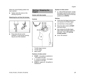 Page 29FS 55, FS 55 C, FS 55 R, FS 55 RCEnglish
27 When the correct floating position has 
been reached:
NTighten down the screw on the 
carrying ring firmly.
Detaching the unit from the harness
NPress down the bar on the 
carabiner (1) and pull the carrying 
ring (2) out of the carabiner.
Version with bike handle
Controls
1Throttle trigger lockout
2Throttle trigger
3Slide control
Positions of slide control
4 START – the ignition is switched on 
– the engine can start
5F – normal run position – the engine 
is...