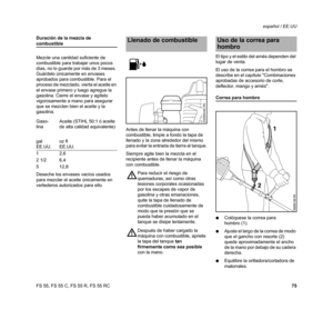 Page 77FS 55, FS 55 C, FS 55 R, FS 55 RCespañol / EE.UU
75 Duración de la mezcla de 
combustible
Mezcle una cantidad suficiente de 
combustible para trabajar unos pocos 
días, no lo guarde por más de 3 meses. 
Guárdelo únicamente en envases 
aprobados para combustible. Para el 
proceso de mezclado, vierta el aceite en 
el envase primero y luego agregue la 
gasolina. Cierre el envase y agítelo 
vigorosamente a mano para asegurar 
que se mezclen bien el aceite y la 
gasolina.
Deseche los envases vacíos usados...