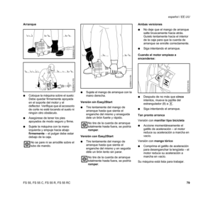Page 81FS 55, FS 55 C, FS 55 R, FS 55 RCespañol / EE.UU
79 Arranque
NColoque la máquina sobre el suelo: 
Debe quedar firmemente apoyada 
en el soporte del motor y el 
deflector. Verifique que el accesorio 
de corte no esté tocando el suelo ni 
ningún otro obstáculo.
NAsegúrese de tener los pies 
apoyados de modo seguro y firme.
NSujete la máquina con la mano 
izquierda y empuje hacia abajo 
firmemente – el pulgar debe estar 
debajo de la caja.NSujete el mango de arranque con la 
mano derecha.
Versión sin...
