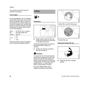 Page 22FS 40, FS 40 C, FS 50, FS 50 C
English
20 The machine‘s fuel tank should be 
cleaned as necessary.
Fuel mix ages
If not using MotoMix, only mix sufficient 
fuel for a few days of work, not to exceed 
30 days of storage. Store in approved 
fuel-containers only. When mixing, pour 
oil into the container first, and then add 
gasoline. Close the container and shake 
it vigorously by hand to ensure proper 
mix of oil and gasoline.
Dispose of empty mixing-oil containers 
only at authorized disposal locations....