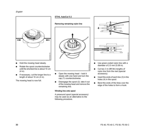 Page 32FS 40, FS 40 C, FS 50, FS 50 C
English
30 NHold the mowing head steady.
NRotate the spool counterclockwise 
until the shortest line is about 10 cm 
(4 in).
NIf necessary, cut the longer line to a 
length of about 10 cm (4 in).
The mowing head is now full.
STIHL AutoCut 5-2
Removing remaining nylon line
NOpen the mowing head – hold it 
steady with one hand and turn the 
cap (1) counterclockwise.
NDisengage the spool (2), take it out 
of the mowing head and remove the 
remaining line.
Winding line onto...