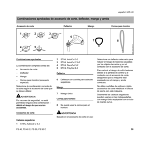 Page 61FS 40, FS 40 C, FS 50, FS 50 C
español / EE.UU
59
Combinaciones aprobadas
La combinación completa consta de:
–Accesorio de corte
–Deflector
–Mango
–Correa para hombro (accesorio 
especial)
Seleccione la combinación correcta de 
la tabla según el accesorio de corte que 
se desee utilizar.
ADVERTENCIA
Por razones de seguridad, no está 
permitida ninguna otra combinación – 
debido al riesgo de que ocurran 
accidentes.
Accesorios de corte
Cabezas segadoras
1STIHL AutoCut C 5-22STIHL AutoCut 5-2
3STIHL...