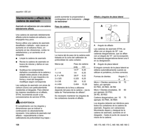 Page 110MS 170, MS 170 C, MS 180, MS 180 C
español / EE.UU
108 A serrado sin esfuerzos con una cadena 
debidamente afilada
Una cadena de aserrado debidamente 
afilada corta la madera sin esfuerzo, con 
empujarla muy poco.
Nunca utilice una cadena de aserrado 
desafilada o dañada – esto causa un 
aumento en el esfuerzo físico, un 
aumento en las vibraciones, cortes no 
satisfactorios y un aumento en el 
desgaste.
NLimpie la cadena de aserrado
NRevise la cadena de aserrado en 
busca de roturas y daños en sus...