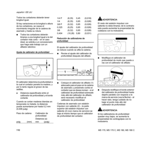 Page 112MS 170, MS 170 C, MS 180, MS 180 C
español / EE.UU
110 Todos los cortadores deberán tener 
longitud igual.
Si hay variaciones en la longitud o altura 
de los cortadores, se causa el 
movimiento irregular de la cadena de 
aserrado y hasta su rotura.
NTodos los cortadores deberán 
limarse a una longitud igual a la del 
cortador más corto – en el caso 
ideal, se solicita a un concesionario 
que haga este trabajo con un 
afilador eléctrico
Ajuste de calibrador de profundidad
El calibrador determina la...