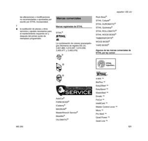 Page 123MS 250
español / EE.UU
121 las alteraciones o modificaciones 
no recomendadas o aprobadas por 
escrito por STIHL Incorporated,
y
Nla sustitución de piezas y otros 
servicios y ajustes necesarios para 
el mantenimiento requerido en y 
después del primer punto de 
reemplazo programado.
Marcas registradas de STIHL
STIHL
®
{
K
La combinación de colores anaranjado-
gris (Números de registro EE.UU. 
2,821,860; 3,010,057, 3,010,058, 
3,400,477; y 3,400,476)
AutoCut
®
FARM BOSS®
iCademy®
MAGNUM®
MasterWrench...