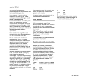 Page 92MS 362 C-M
español / EE.UU
90 tiempos diseñado para usar 
exclusivamente con los motores de dos 
tiempos enfriados por aire.
Para asegurar el funcionamiento 
máximo de su motor STIHL, use el 
aceite para motor de 2 tiempos de alta 
calidad. Para asegurar el 
funcionamiento limpio del motor y para 
reducir los depósitos de carbono 
nocivos, STIHL recomienda el uso del 
aceite para motor de 2 tiempos STIHL 
Ultra o consulte con su concesionario 
para obtener un aceite para motor de 2 
tiempos plenamente...