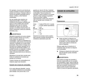 Page 61FC 56 C
español / EE.UU
59 Por ejemplo, el uso de una mezcla por 
invierno durante el invierno aumenta la 
presión en el tanque. Siempre utilice la 
mezcla de gasolina apropiada para el 
tiempo, la altura y otros factores 
ambientales.
No use aceites para mezclar con 
designaciones BIA o TCW (para 
motores de dos tiempos enfriados por 
agua) ni otros aceites para mezclar 
diseñados para usar en motores 
enfriados por agua o por aire (por 
ejemplo, en motores marinos fuera de 
borda, motonieves, sierras...