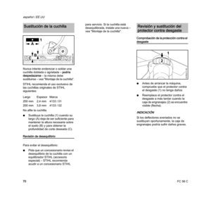 Page 72FC 56 C
español / EE.UU
70 Nunca intente enderezar o soldar una 
cuchilla doblada o agrietada – podría 
despedazarse – la misma debe 
sustituirse – vea "Montaje de la cuchilla".
STIHL recomienda el uso exclusivo de 
las cuchillas originales de STIHL 
siguientes:
No afile la cuchilla.
NSustituya la cuchilla (1) cuando su 
largo (A) deja de ser suficiente para 
mantener la altura necesaria sobre 
el suelo (B) y para obtener la 
profundidad de corte deseada (C).
Revisión de desequilibrio
Para evitar...