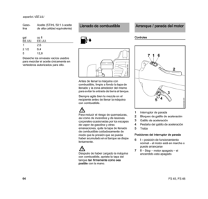Page 66FS 45, FS 46
español / EE.UU
64 Deseche los envases vacíos usados 
para mezclar el aceite únicamente en 
vertederos autorizados para ello.
Antes de llenar la máquina con 
combustible, limpie a fondo la tapa de 
llenado y la zona alrededor del mismo 
para evitar la entrada de tierra al tanque.
Siempre agite bien la mezcla en el 
recipiente antes de llenar la máquina 
con combustible.
Para reducir el riesgo de quemaduras, 
así como de incendios y de lesiones 
corporales ocasionadas por los escapes 
de...